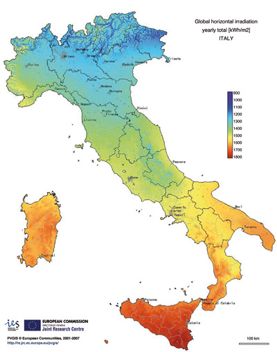 Mappa dell'irradiazione solare in italia
